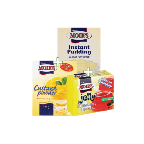 Combo Deal Moirs Instant Pudding 90g, Moirs Custard Powder 125g, Moirs Jelly Powder 80g