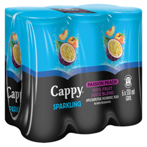 Cappy Sparkling 100% Passion Peach Juice Blend Cans 6x330ml