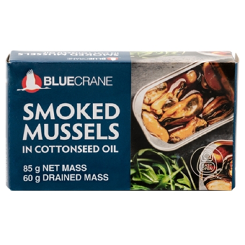 BlueCrane Smoked Mussels in Cottonseed Oil 85g