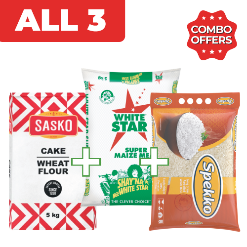Combo Sasko Cake Flour 5kg+White Star 5kg+Spekko Rice 5kg